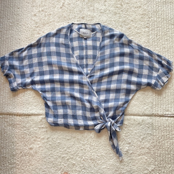 Rails Athena Periwinkle Gingham Wrap Top Women's Size S Linen Blend Crop - Picture 6 of 10